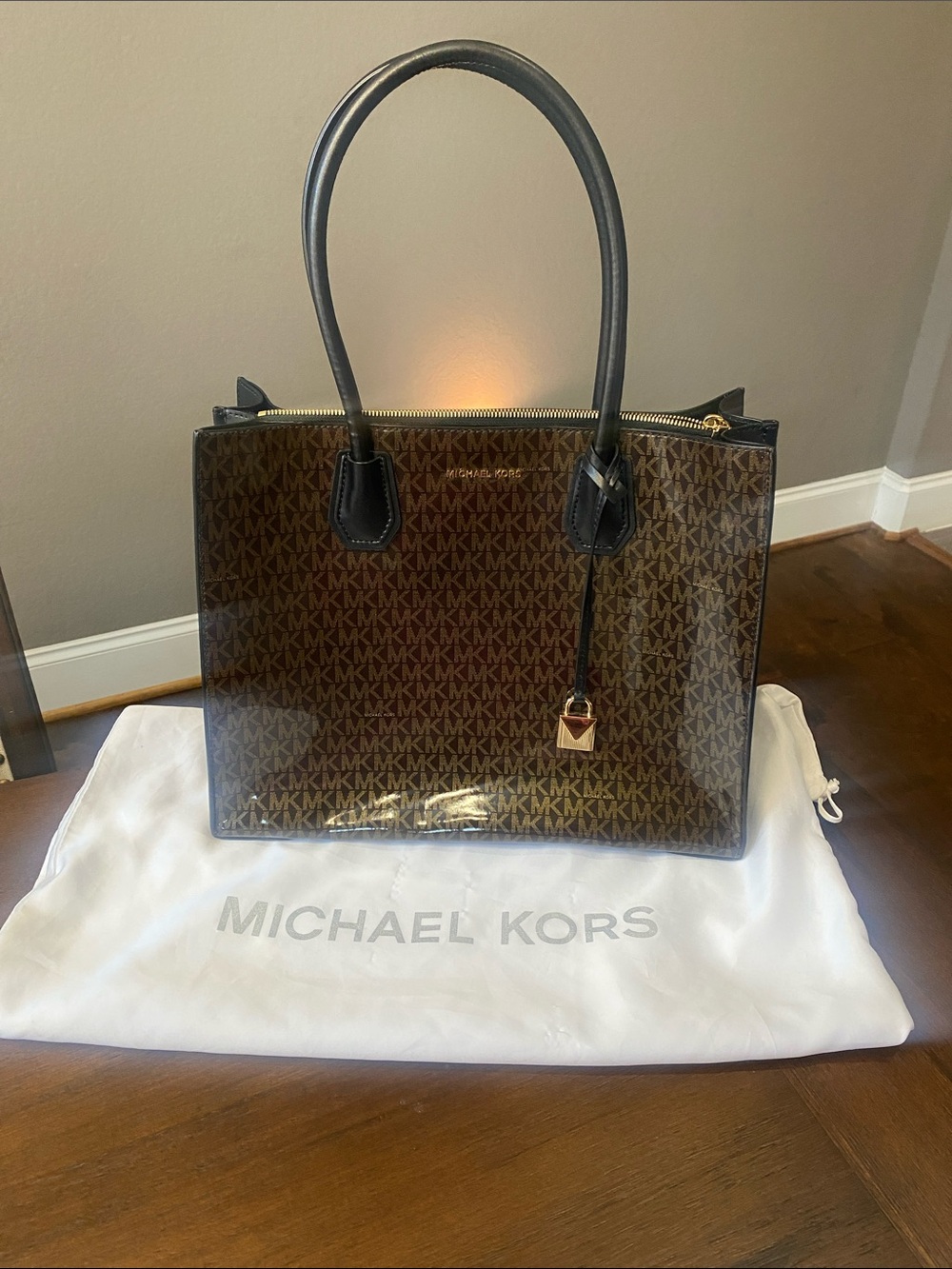 Michael Kors Brown/Black MK Signature Tote with Gold Hardware